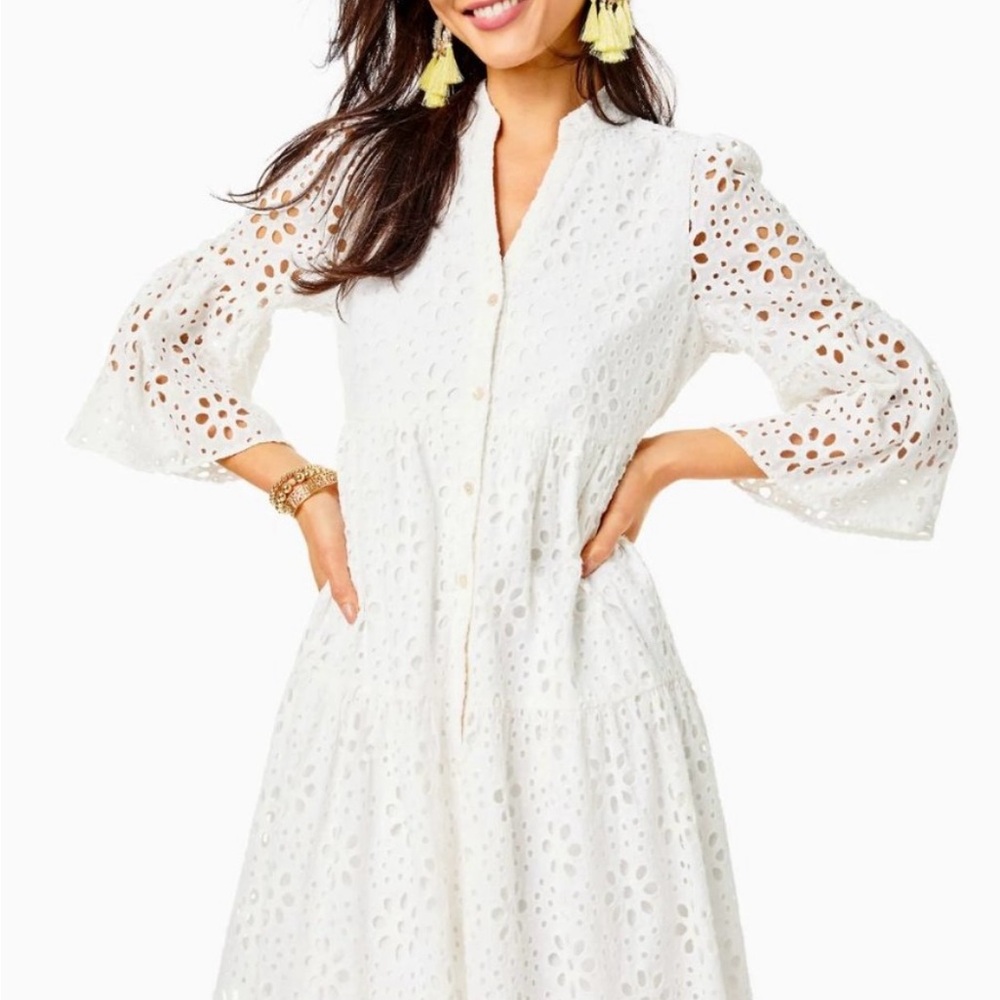 Lilly Pulitzer Dress Hazelanne Eyelet Midi 3/4 Bell Sleeve Resort White Size 12
